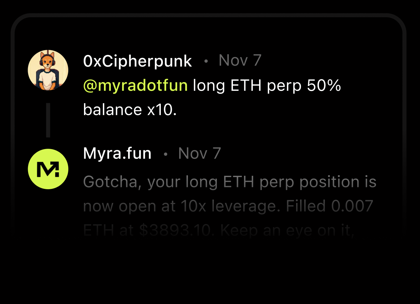 Trade from X - Tag @myradotfun on Twitter to execute trades instantly with simple commands.